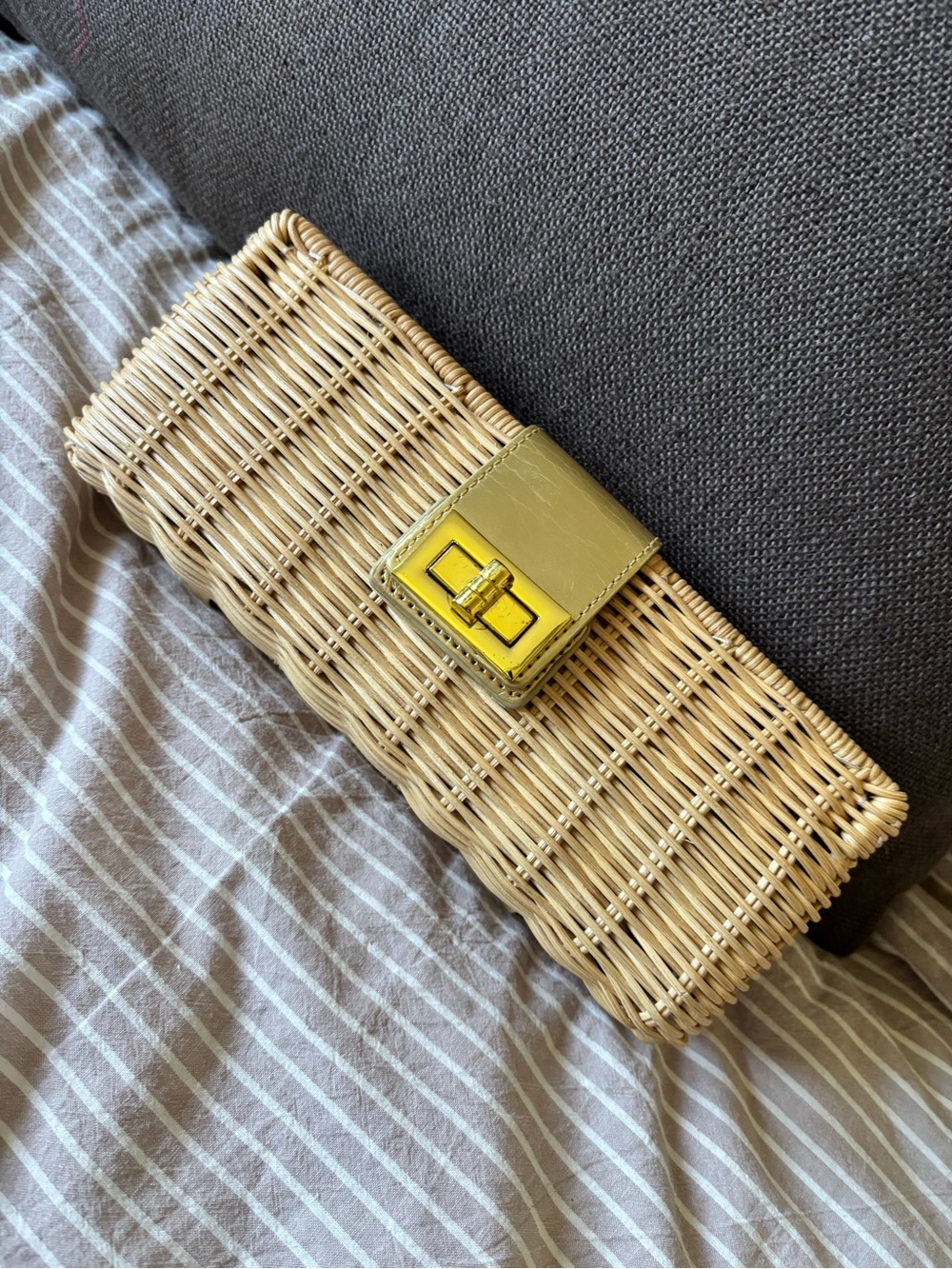 J. Crew Natural Rattan Clutch with gold Leather Trim
